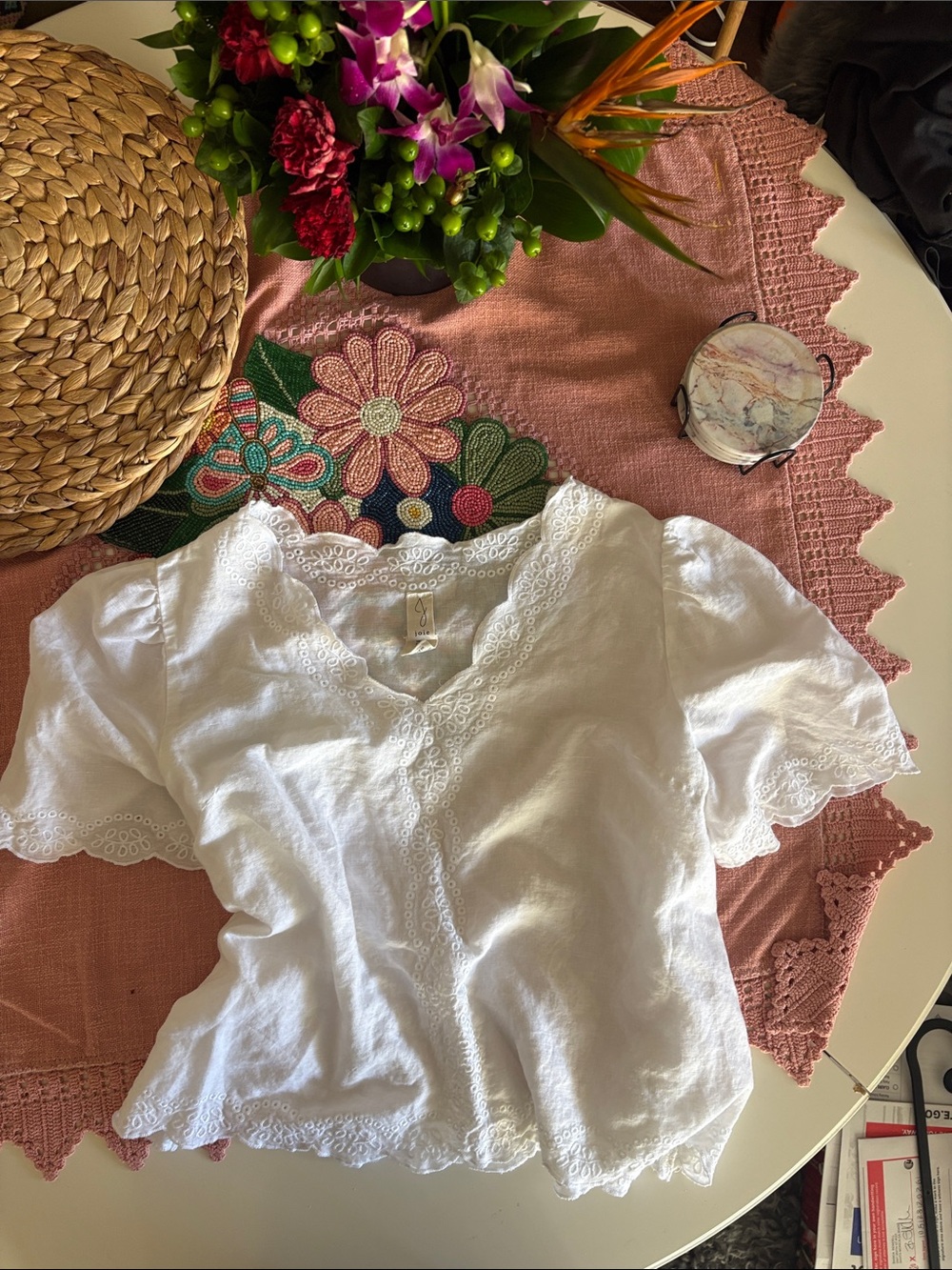 Joie White Eyelet Trim V-Neck Top